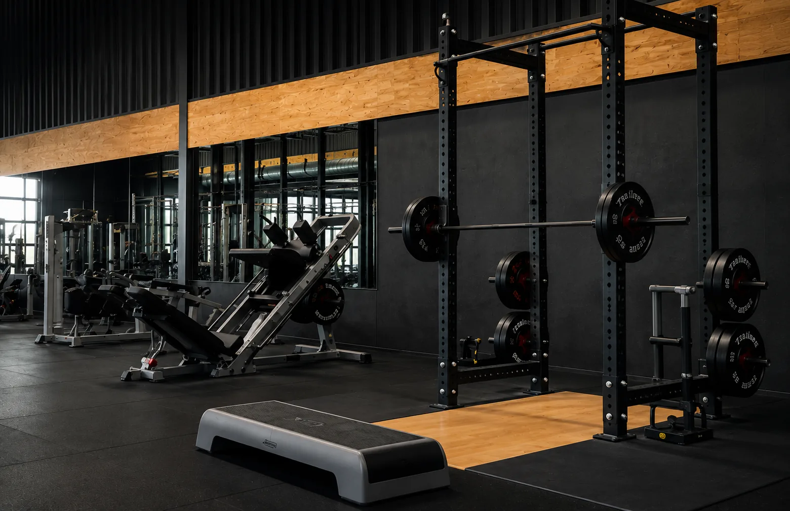 Salle de renforcement musculaire équipée de racks à squat et poids