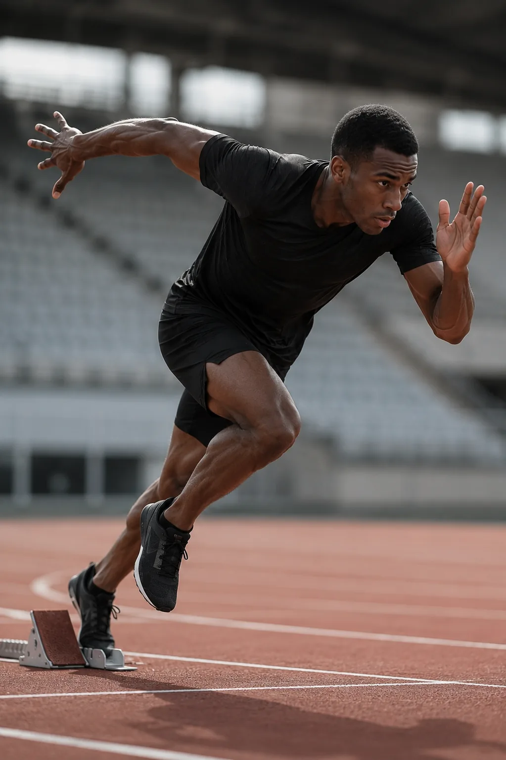 Athlète sprinter au départ d'une course sur piste d'athlétisme